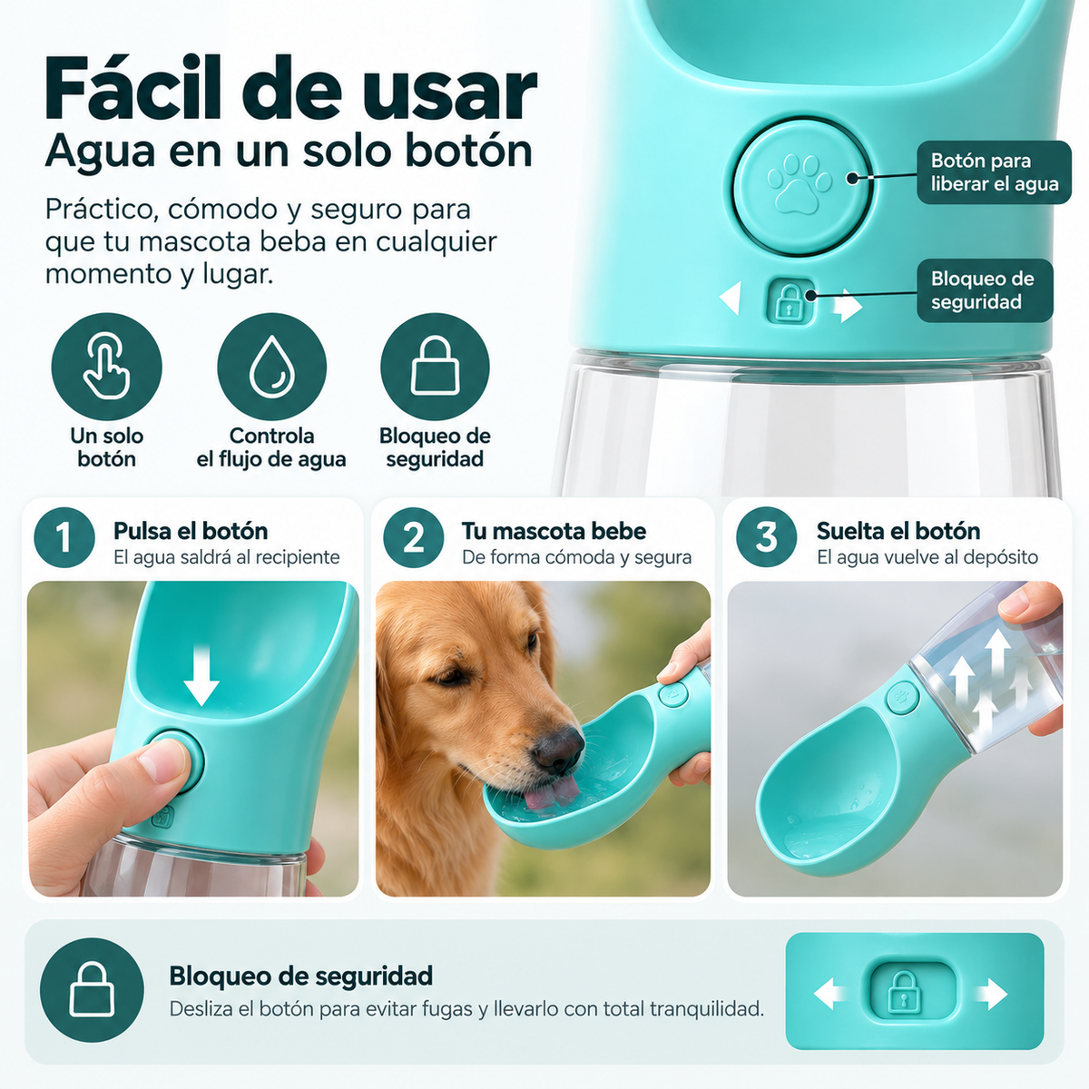Botella de Agua Portátil Antigoteo para Mascotas